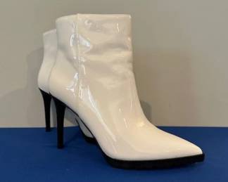 Mix No. 6 Dann bootie in white patent with stiletto heel.