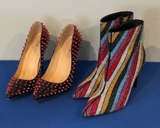 Wetkiss red and black patent leather studded stiletto heels and INC Reisa 2 striped rhinestone ankle bootie. All women's shoes sized 9,10,  or 11  available in many styles.