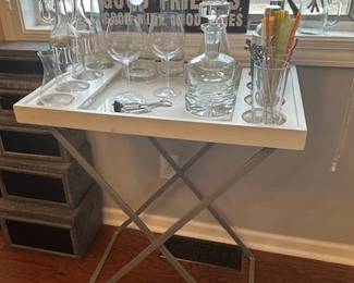White and silver butler tray table.
