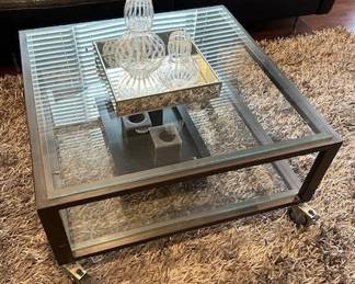 Rolling Glass Top Industrial Coffee Table