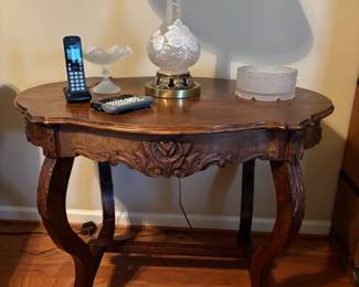 Antique Living Room Table and Satin Glass Lamp