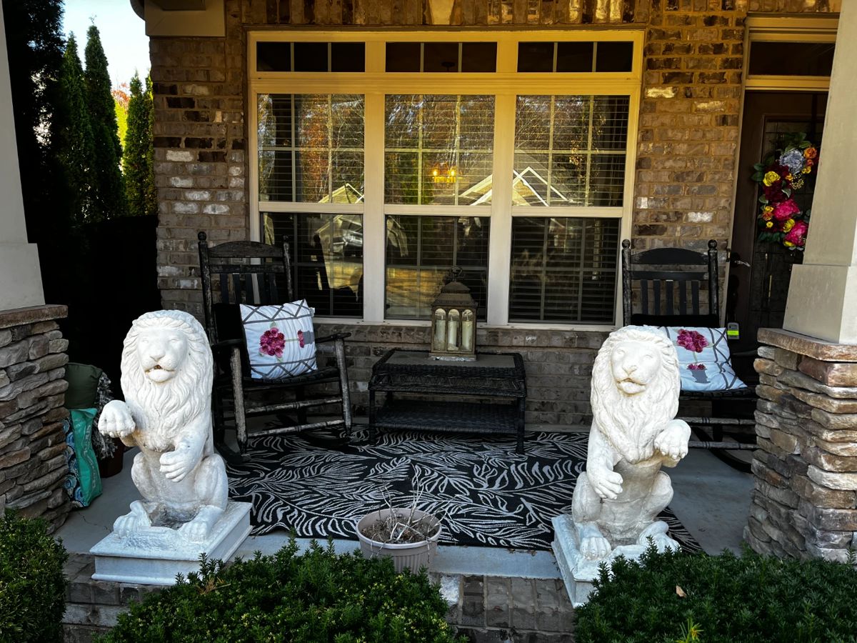 #1 Resin lions painted Statue - 36" Tall $25.00 Sold
#2 Resin lions painted Statue - 36" Tall $25.00 Sold
#3 Black Painted Wood Rocking Chair $40.00
#4 Black Painted Wood Rocking Chair $40.00
#5 Plastic Wicker Coffee Table - 33x22x19 $35.00
#6 Brass Metal Lantern candle holder - 11x7x22 $20.00