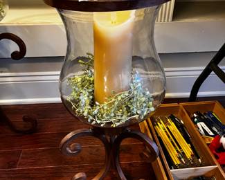 #145 Heavy Metal Base w/Glass Cylinder w/flameless Candle - 20" Tall $30.00