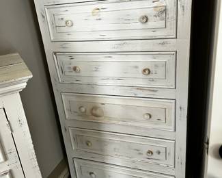 #98 Wood Cream Painted Distressed 5 Drawer Cabinet - 36x18x57 $125.00
