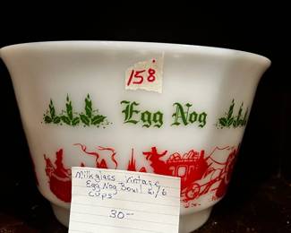 #158 Milk Glass Vintage Egg Nog Bowl w/6 cups $30.00
