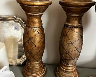 #112 2 Ceramic Candlesticks w/fishnet on side - 15" tall $30.00