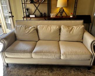 #9 Universal Furn. Cream Sofa w/loose back cushions w/nailhead trim - 75" Long (as is dog hair) $125.00
#10 Wood Coffee Table w/Large Lift-Off Tray - 51x33x16 $175.00