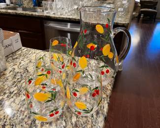 #157 Hand-painted Lemon and cherry Pitcher and 4 glasses $20.00