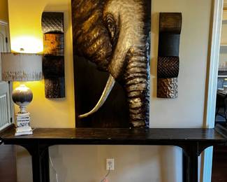 #29 Pine Wood Sofa Table w/Curved Sides - 82" x12"x31"T $125.00 Sold
#31 Metal Elephant Wall Hanging - 30x60 $75.00
#32 Set of 2 Rectangle Metal Wall Hangings - 9x32 $30.00