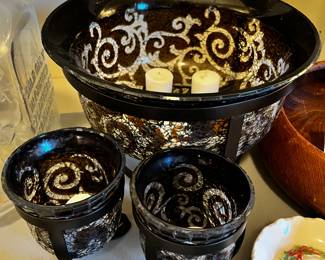 #153 3 pc Partylite Ameretto Swirl Brown Mosaic Glass Candle Set $40.00