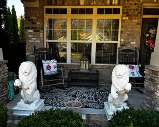 #1	Resin lions painted Statue - 36" Tall	 $25.00  Sold
#2	Resin lions painted Statue - 36" Tall	 $25.00  Sold
#3	Black Painted Wood Rocking Chair	 $40.00 
#4	Black Painted Wood Rocking Chair	 $40.00 
#5	Plastic Wicker Coffee Table - 33x22x19	 $35.00 
#6	Brass Metal Lantern candle holder - 11x7x22	 $20.00 
