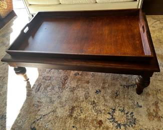 #9 Universal Furn. Cream Sofa w/loose back cushions w/nailhead trim - 75" Long (as is dog hair) $125.00
#10 Wood Coffee Table w/Large Lift-Off Tray - 51x33x16 $175.00