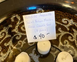 #153 3 pc Partylite Ameretto Swirl Brown Mosaic Glass Candle Set $40.00