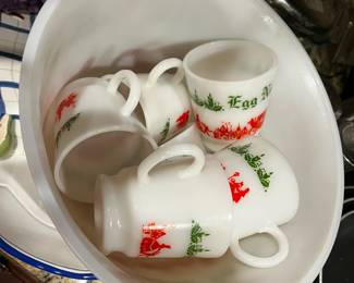 #158 Milk Glass Vintage Egg Nog Bowl w/6 cups $30.00