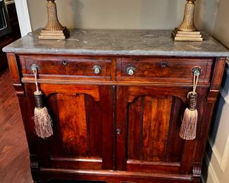 #24 Antique Marble Top Server w/2 drawers and 2 doors w/flatware drawer (as is no key on bottom Door) - 43x19x38 - on wheels $275.00