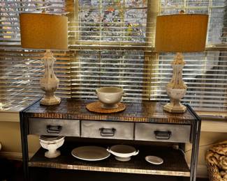 #11 Metal / Wood Sofa Table w/3 drawers & Shelf - 59x18x31 $95.00
#12 Set of 2 Wood White Painted Distressed Lamps - 32" Tall $80.00