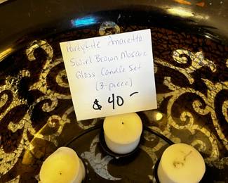 #153 3 pc Partylite Ameretto Swirl Brown Mosaic Glass Candle Set $40.00