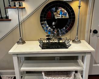 #7 white painted Sofa table 48x18x30 $125.00
#8 Pair of Silver Buffet Lamps - 33" Tall $75.00
