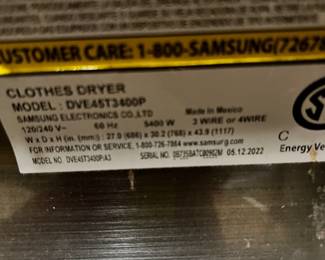 #85 LG Front Load Washer Steam (as is Rubber Gasket) Model 307KWUC41470 $200.00
#86 Samsung Moisture Senor Swing Door Dryer - Model DVE45T340 $200.00