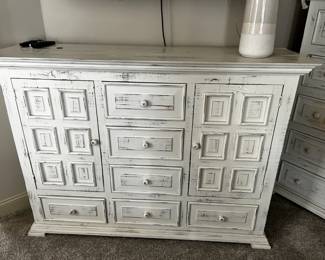 #97 Wood Cream Painted Distressed 6 drawer & 2 door & 2 shelf Cabinet - 62x19x44 $125.00