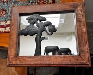 #109	Framed Mirror w/2 elephants and tree out of metal - 17x14	 $20.00 
