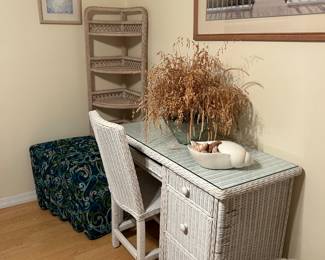 Wicker Desk, Chair, Corner Shelf