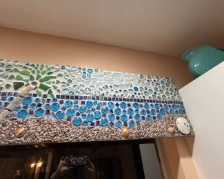 Handcrafted Stained Glass Pebble Window Valance. Beach Palm Trees.