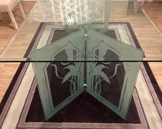Double V Pedestal Glass Dinning Table. Tempered glass. 1" Beveled Glass. Etched Glass.