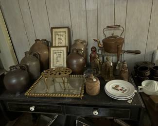 Stoneware Jugs, Dresser Tray, Brass Trivet, Copper Kettle, Book Ends, Door Stop, Wooden Butter Mold