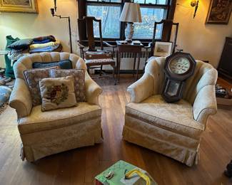Pair of Channel Back Chairs, Pillows, Wall Clock