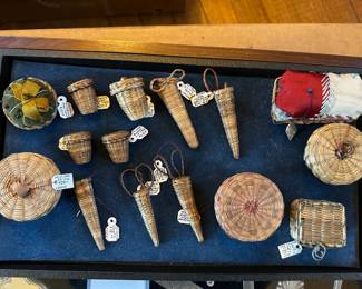 Lots of Antique Sewing Notions - Note the Dealer's Old Price Tags & Descriptions - Scissor Sheaths, Lidded Thimble Baskets, Pin Cushions