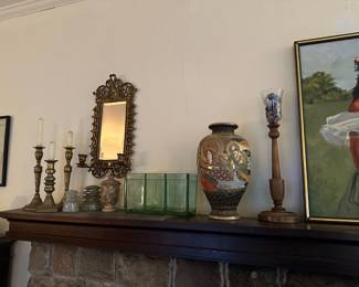 Pair of Bradley & Hubbard Bacchus Mirrored Candle Sconces, Brass Candle Holders, Insulators, Satsuma Vase
