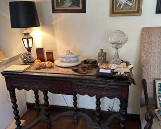 Antique Carved Table, Paintings, Lamps, Bookends