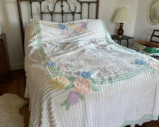 Bed w/ Brass Headboard, Chenille Quilt