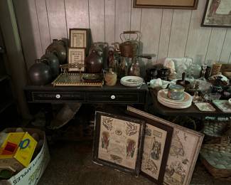 Stoneware Jugs, Dresser Tray, Brass Trivet, Copper Kettle, Book Ends, Door Stop, Wooden Butter Mold, Pictures