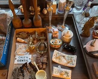 Old Wooden Kitchen Mashers, Antique Brass Door Knockers, Tea Strainer, Figural Bottle Stoppers, Inkwells, Blotters