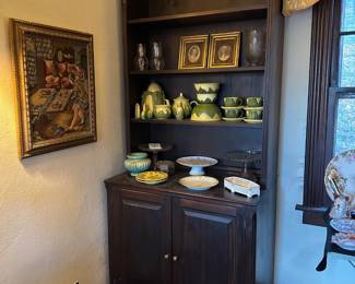 Cabinet, George & Martha Washington Pictures, Shawnee King Corn Dishes, Roseville Pot, Cake Pedestals