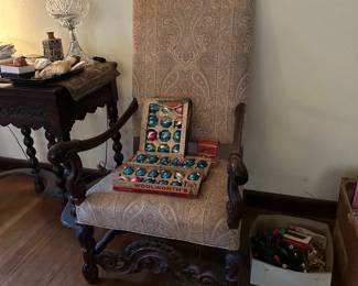 Carved Arm Chair, Vintage Shiny Brite & Woolworth's Christmas Ornaments