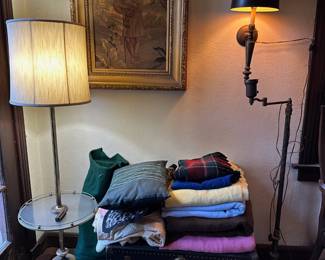 Table Lamp, Framed Needlepoint, Trunk, Blankets