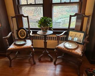 Pair of Arm Chairs, Plant Stand, Pictures