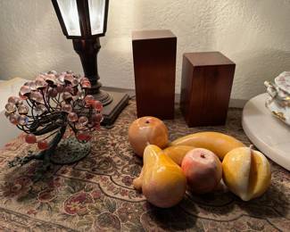 Alabaster / Onyx Stone Fruit, Dominick Laruccia Bronze & Glass Tree Sculpture (Signed), Mid Century Walnut Bookends