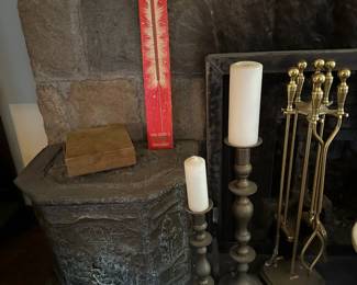 Antique Brass Wood Bin, Brass Candle Holders, Brass Fireplace Tools, Vintage Sparklers