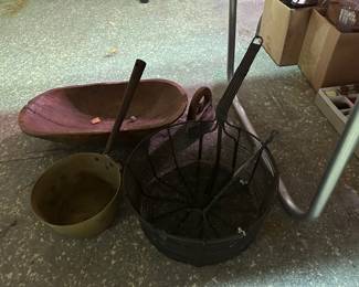 Wire Handled Basket, Brass Pot, Wooden Bowl