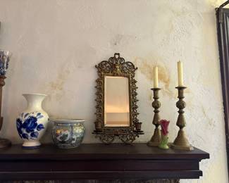 Pair of Bradley & Hubbard Bacchus Mirrored Candle Sconces, Brass Candle Holders, Vase, Small Jardiniere