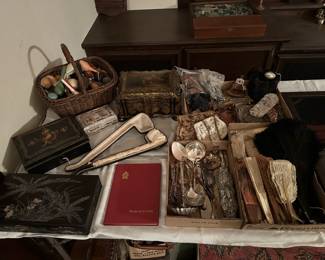 Lots of Sewing Darners, Toile & Inlaid Boxes, Long Stem Meerschaum Pipe w/ Case, Silver Plate, Vintage Beaded Bags, Hand Painted & Feather Fans