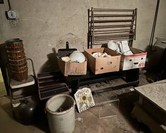 Bench, Linens, Pots, Crock, Jug, Drying Rack