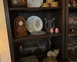 Dishes, Clock, Old Box, Covered Brass Dish, Cat Figure