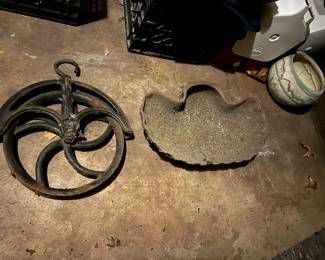 Cast Iron Well Pulley, Shell Bird Bath Top