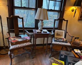 Pair of Arm Chairs, Side Table, Lamp
