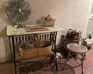 Sewing Stand w/ Marble Top, Fan, Stool w/ Tassel Legs, Basket